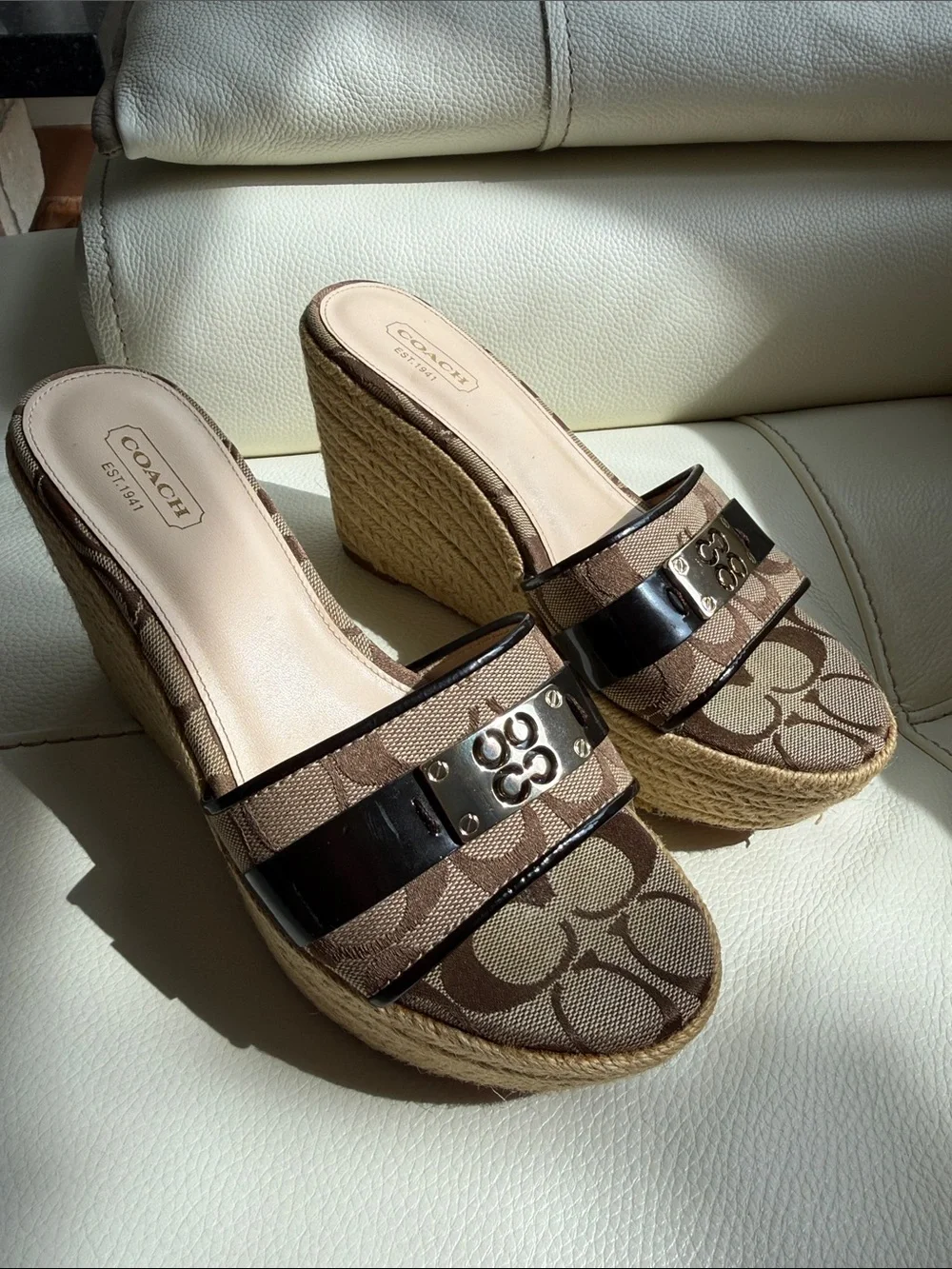 COACH Christie Brown Signature Canvas Platform Espadrille Wedge Sandals